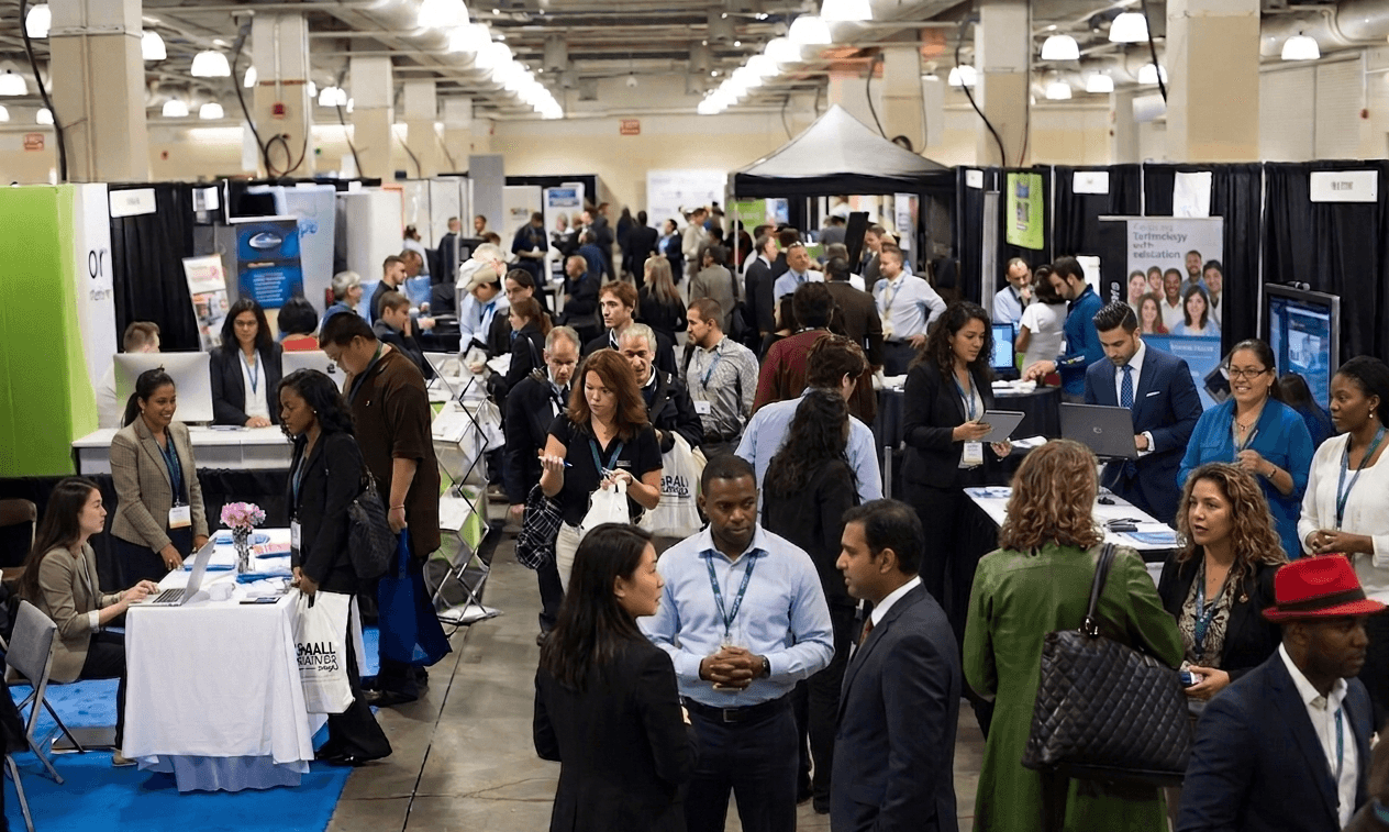 Suppliers and buyers on a busy business expo floor